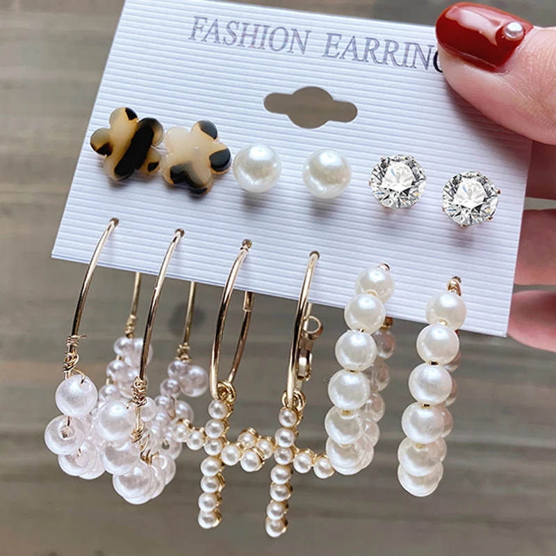 Fashion Acrylic Pearl Crystal Gold Hoop Earrings Set Oversize Metal ...