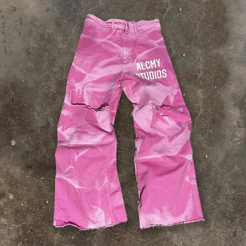 Custom Hip Hop Streetwear Unisex Print Ripped Acid Wash Baggy Oversized Straight Wide Leg Flared Jean Trouser Denim Pant for Men