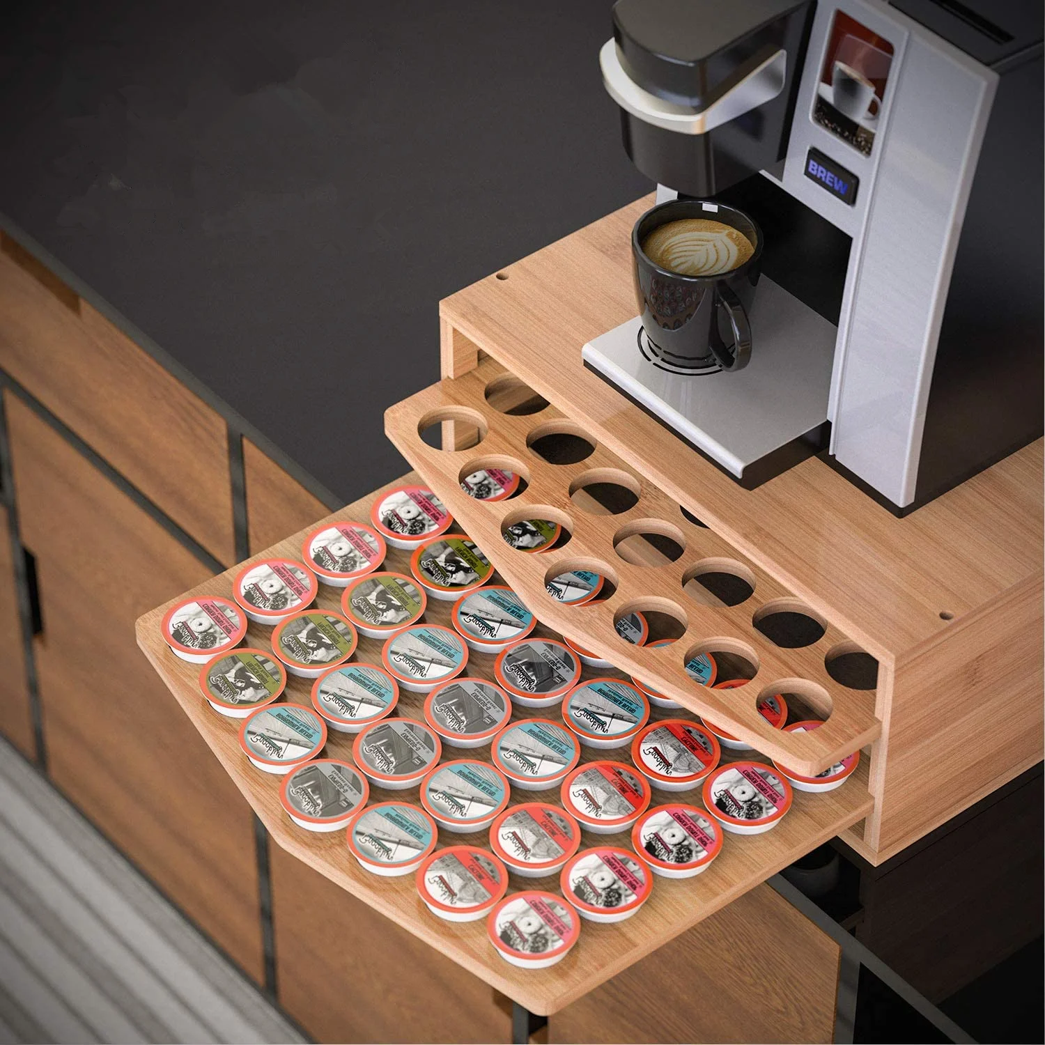 
 Бамбук Кофе Pod держатель для хранения с 2 яруса бамбуковый ящик для хранения канцтоваров из органайзер для офиса и дома с выдвижным ящиком для стручки  