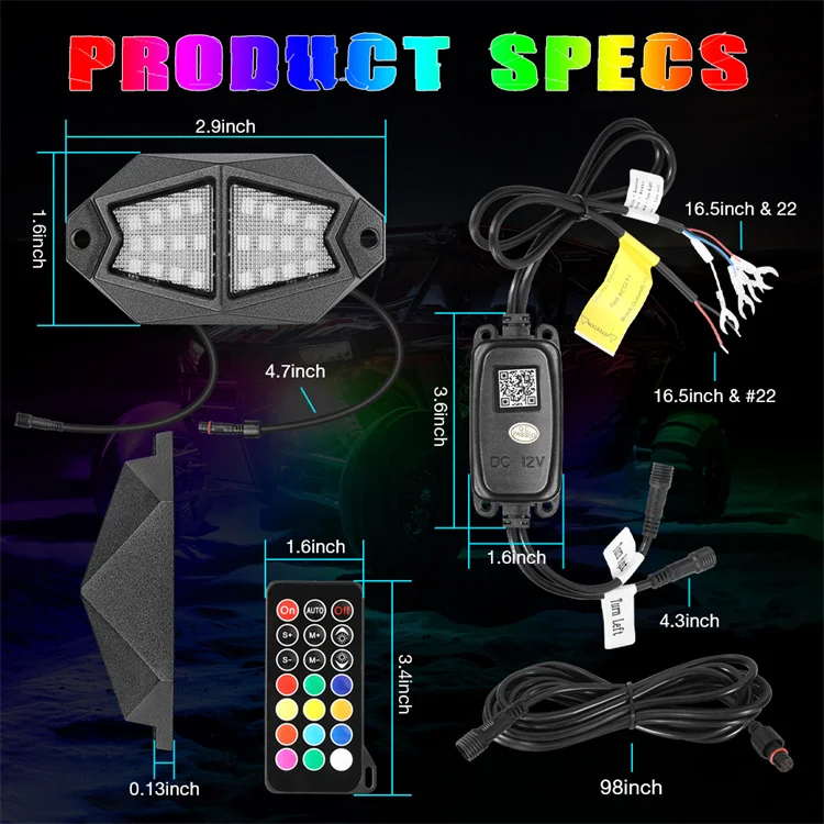 BLEDIM2 App and Remote Control 4 6 8 12 Pods RGBW Color With Turn Brake Reverse Lights 24 LED Rock Lights