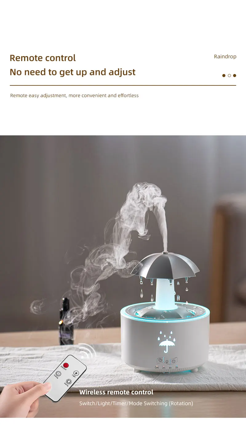 Seven Color Lighting Rotating Aroma Diffuser Essential Oil Aromatherapy Raindrop Air Humidifier with Umbrella for Household