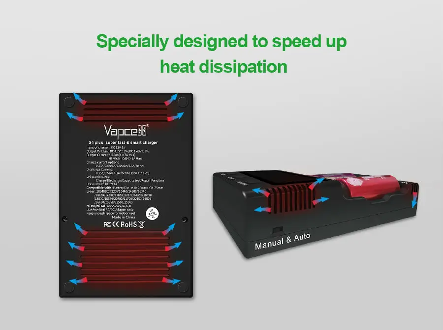 Vapcell S4 Plus Fast Smart Battery Charger 4 Slots 12A Rechargeable Charger  for 18650 21700 32700 26650 Batteries