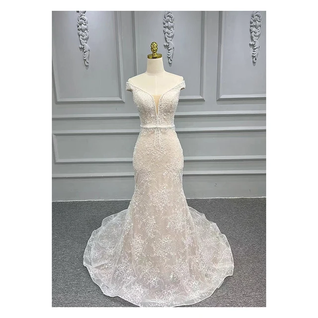 Elegant Off Shoulder Lace Trailing Wedding Dress Fishtail Wedding Dress Sexy Deep V neck Sleeveless Backless Wedding Dresses