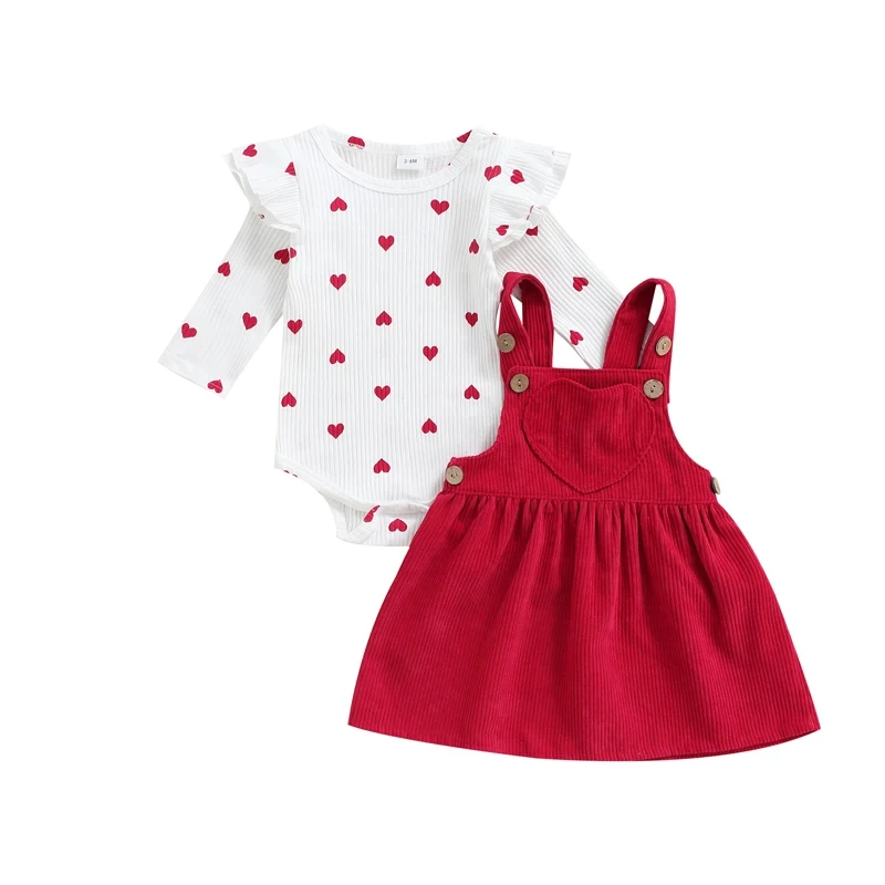 2024 Infant Baby Valentines Day Outfit Hearts Ribbed Romper Red
