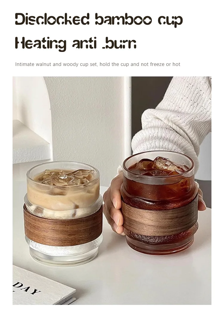 High Quality Heat Resistant Glass Hanging Ear Coffee Cup Insulated Tea Ice American Glasses With Wooden Sleeve