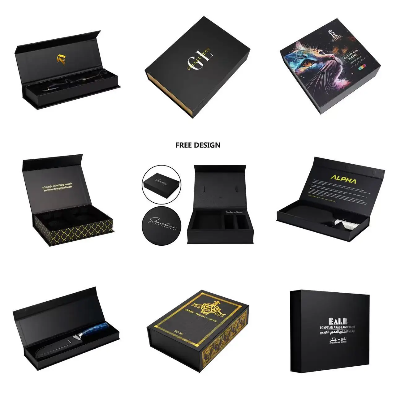 Caixa de paper rígida personalitzada de regal negra amb tancament magnètic, emballatge rígid amb inserció de fusta personalitzada i impressió del logotip per a cosmètics i perfums com a regal