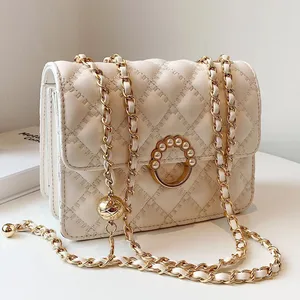 Custom Mini Pearl Decor Ladies Crossbody Chain Shoulder Bag PU Fashionable Geometric Pattern Zipper Closure Portable