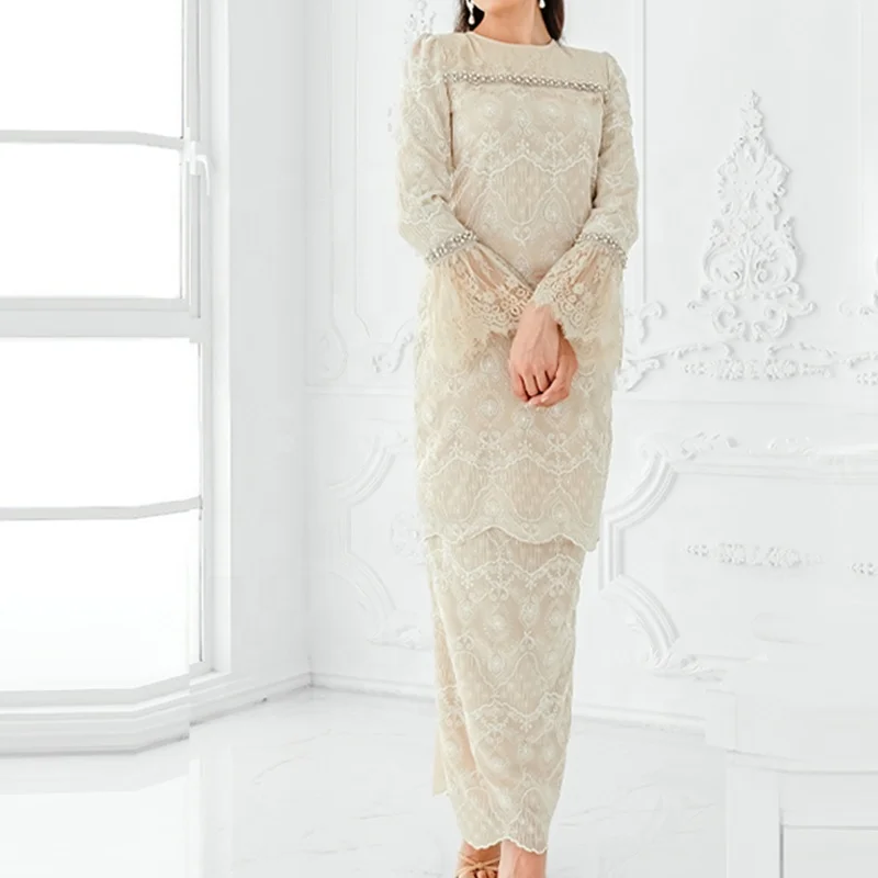 Factory Outlet  2 Pieces Skirt Set Malaysia Traditional Clothing Khimar Long Dress Baju Kurung Embroidery Abaya
