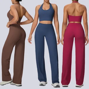 Women's 2 Piece V-neck Crop Top Wide Leg Pants Activewear Set Breathable Elastic Waist Gym Fitness Yoga Workout