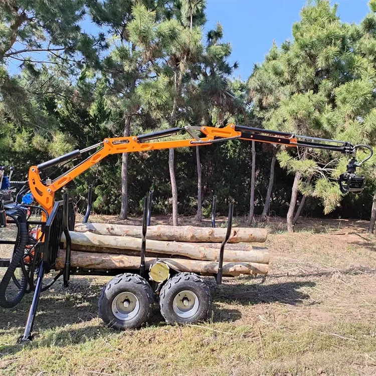 Towable Small Self Loading ATV Timber Log Trailer With Hydraulic Small Crane and Log Grab Grapple