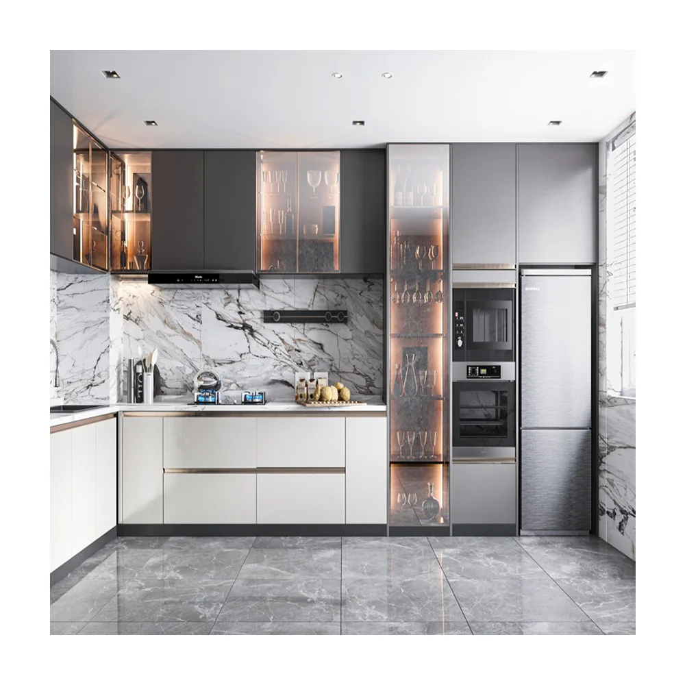 L Shape High Class Fancy Melamine Finished Big House Interior Design Kitchen Cabinets Glass Door Cupboard