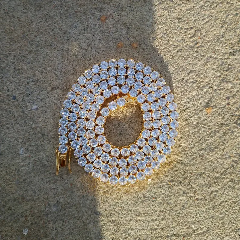 Fashion 18k Gold Diamond Tennis Chain Necklace Womens Pendant On Neck