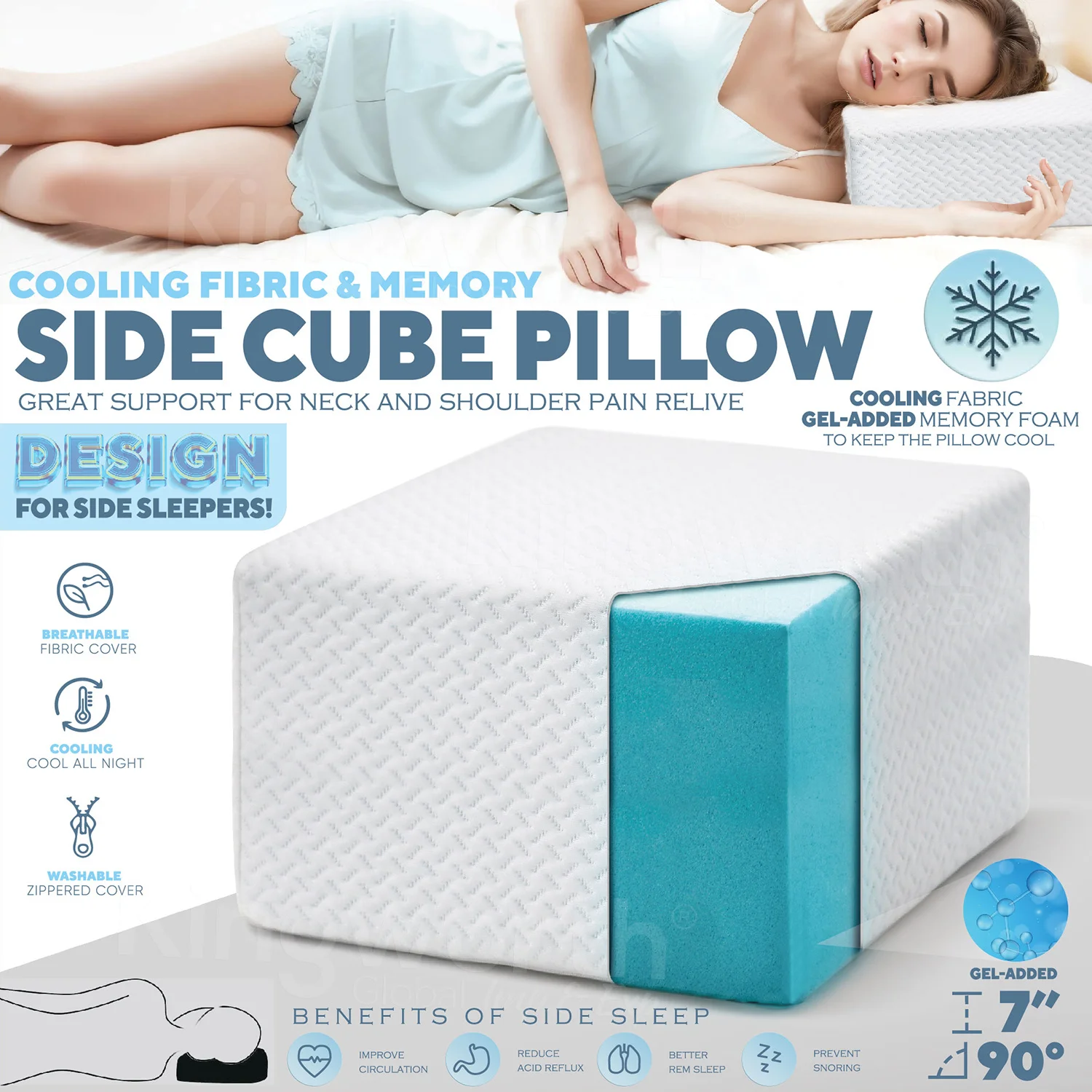 Kingworth Orthopedic Pain Side Sleep Cooling Memory Foam Cube Square