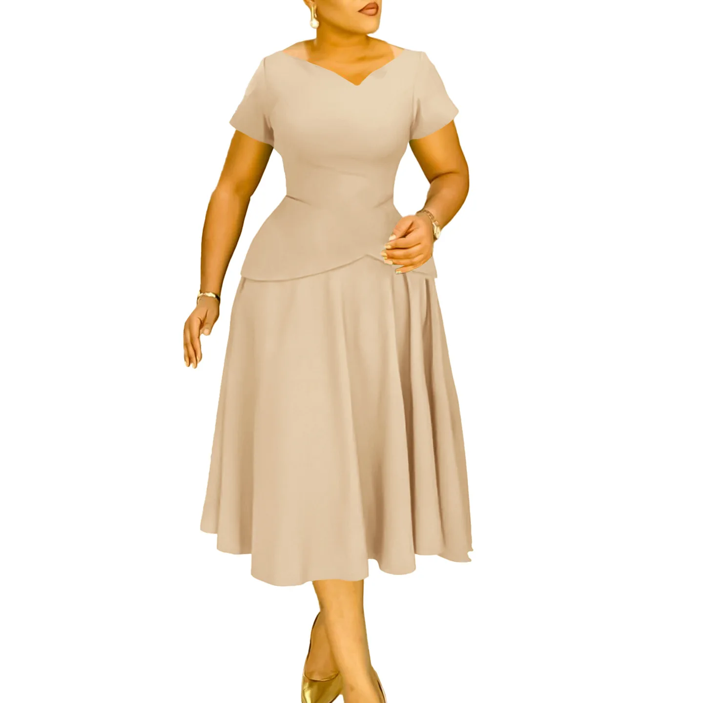 D3330 Trendy Summer Dresses Women Casual V-neck Short Sleeve A-line Church  Dress Elegant African Dresses for Women Clothing