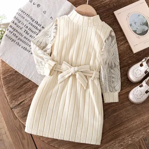 2026 Spring Autumn Wholesale Children Clothing Floral Lace Sleeves Ribbed Knit Girls Dress Kids Fashion Dresses