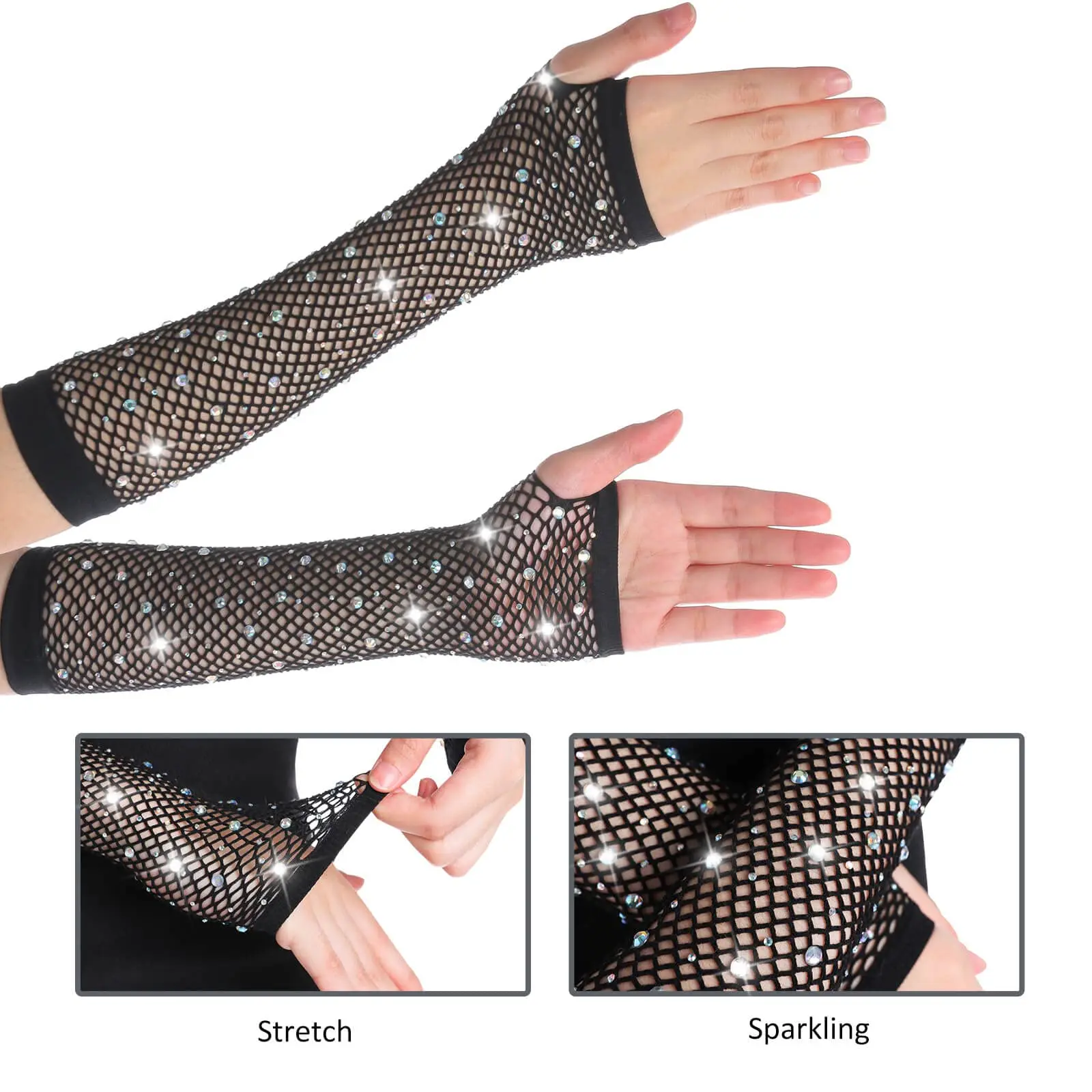 Pack De 12 Guantes De Red Sin Dedos De Neón, Colores Surtidos, De Nailon, Largos 10 Cm, Para Fiestas Halloween Y Conciertos