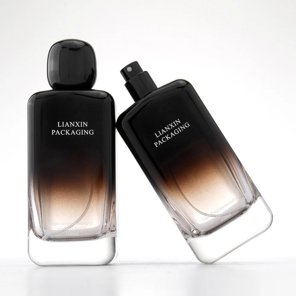 Custom 25ml 50ml 100ml Rectangle Portable Empty Spray Glass Square 50 ml Black Perfume Bottle With Plastic Lid