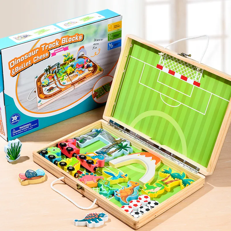 Tragbares, unterhaltsames Desktop-Spurbausatz-Spielzeug für Kinder, Dinosaurier-Verkehrsszenario, pädagogisches Holzeisenbahn-Set, Reisespielzeug für Kleinkinder