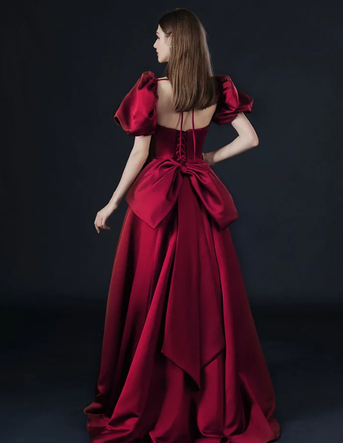 ZX-536 Evening Gown - Shiny Satin with Simple Lace up Puff