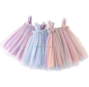 Customizable Hot Selling Summer Sequined Sleeveless Floral Layered Little Girls Tulle Dress