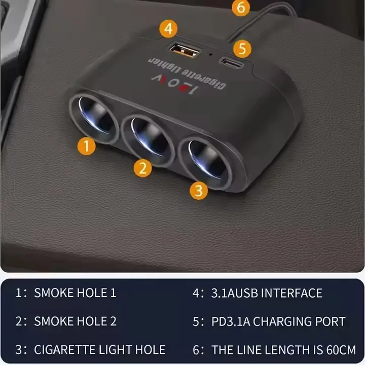 Auto oplader adapter 3in1 usb type c voor mobiele telefoons_voghion.com