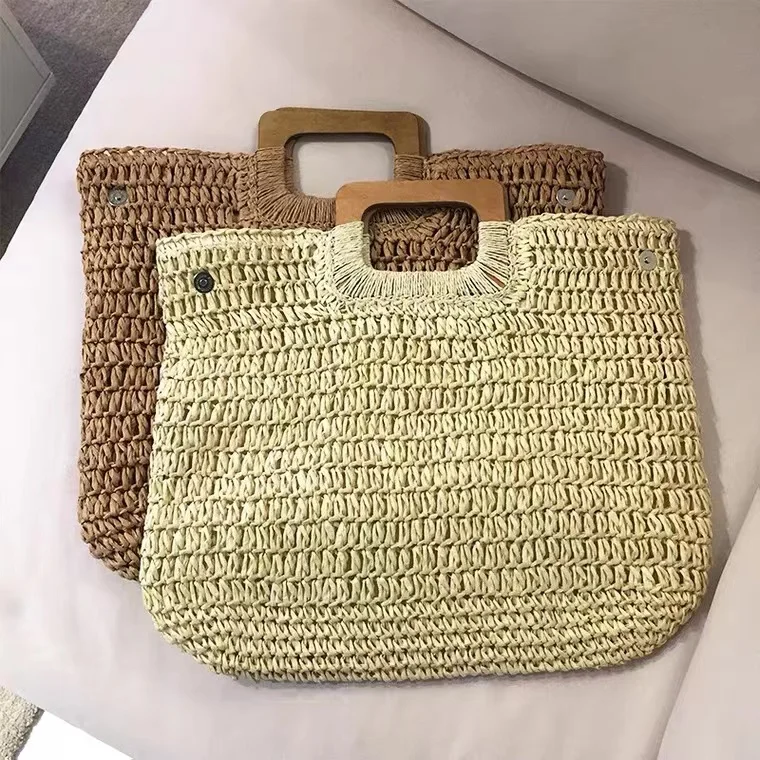 Hot Sale Natural Popular Crochet Handmade Paper Straw Beach Handbag Lady Fashion Bag With Wood Handle