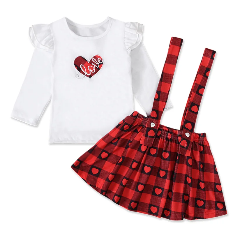 pantalones cortos con tirantes con estampado de corazón Babieshouse Conjunto de trajes de San Valentín para bebés y niñas pequeñas cuello redondo de manga larga 