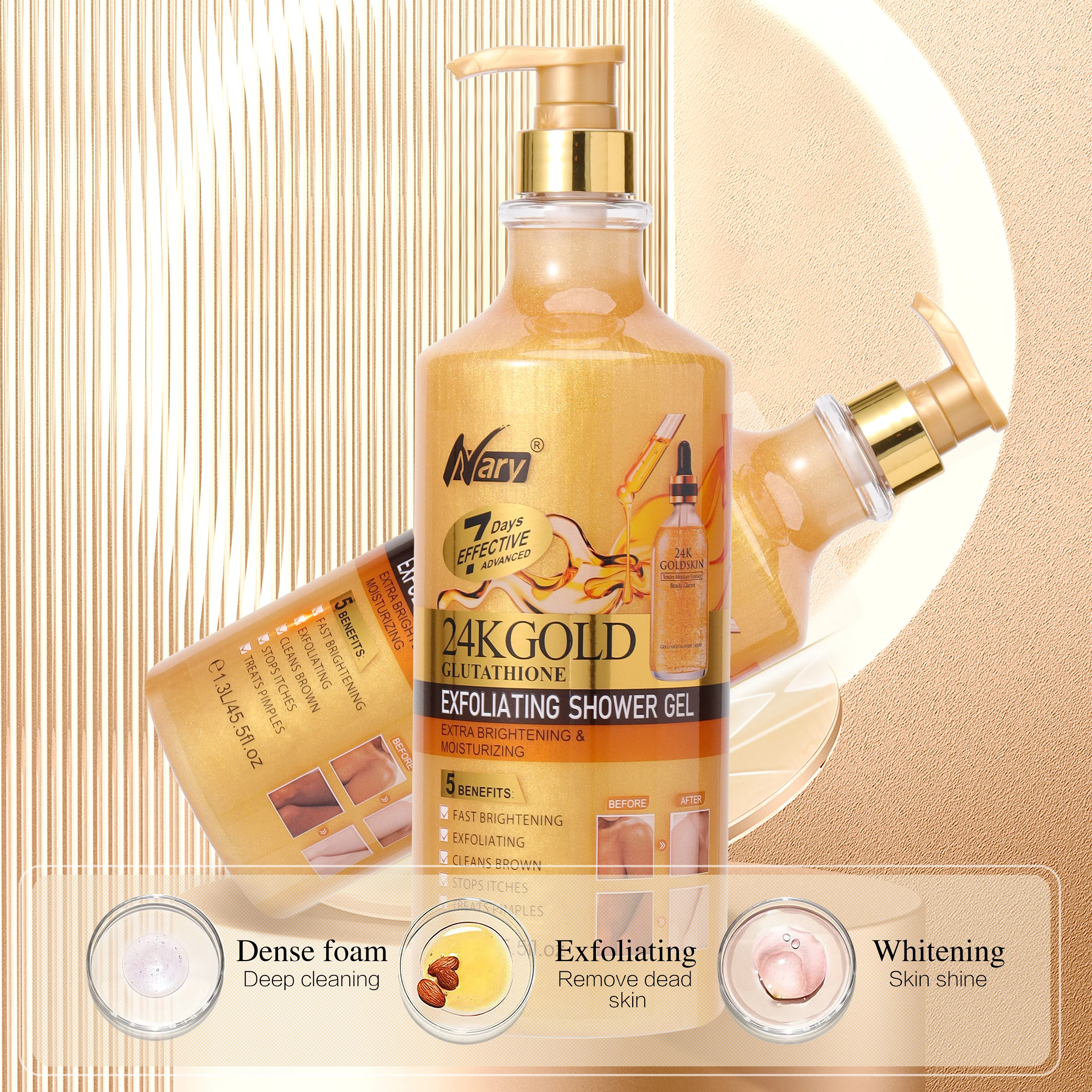 l glutathione whitening bath salt Nary Brightening 24k Gold Shower Gel Moisturizing Exfoliating Gel Douche Private Label Scrub Brightening Cleansing Body Wash Select Size:12