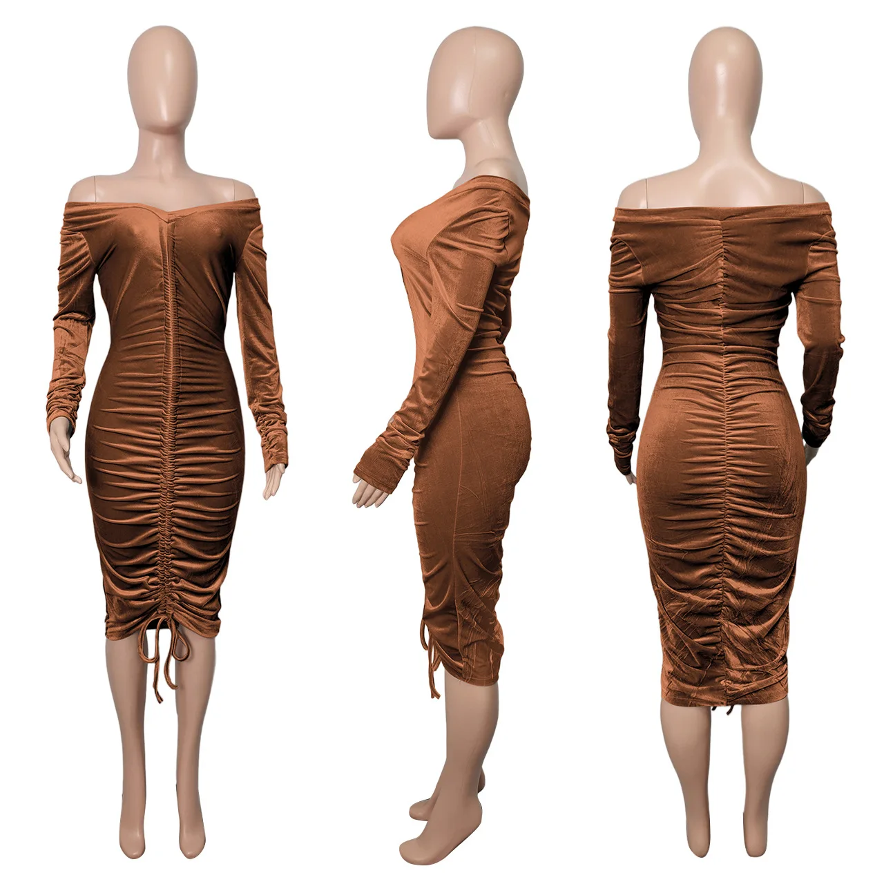 Latest Design Solid Velvet Bodycon Dress Party Wear Dresses for Women Elegent Fashion Style Off Shoulder Pleated Dresses 2022