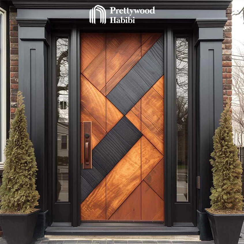 تصميم أبواب حديثة فاخرة Prettywood للأبواب الأمامية الخارجية الخشبية الصلبة مع الإضاءة الجانبية