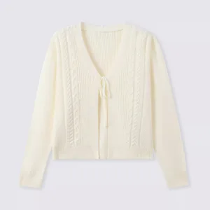 2025 New Arrival Women's Retro Cable Knit Cardigan Solid Color V-Neck Long Sleeve Sweater for Casual Winter Wear