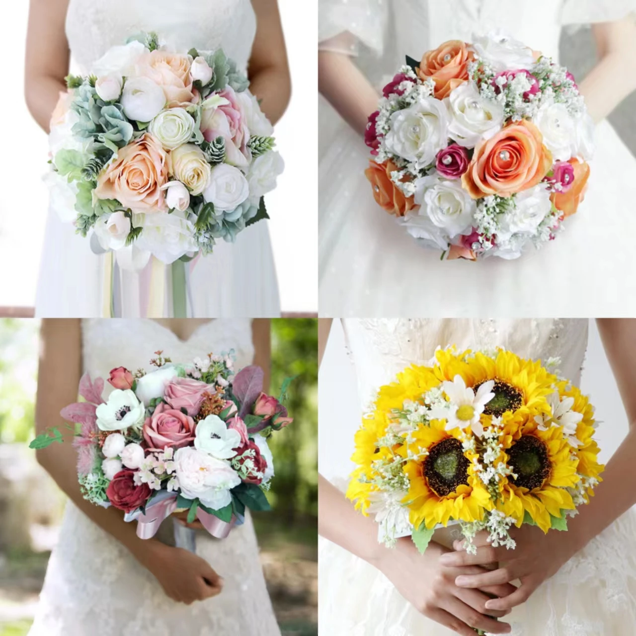 Lot De 4 Bouquets Artificiels Automne - Pivoines, Tournesols, Chrysanthèmes Orange - Hauteur 33 Cm
