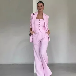 Elegant Pink Suits for Women 3 Pieces Jacket Pants Vest Notch Lapel Female Clothing Smart Banquet Office Lady's Blazers Sets