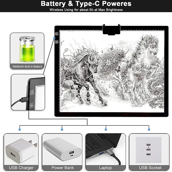 A3 Light Pad, Wireless Battery Powered Light Box 3 Colors Stepless