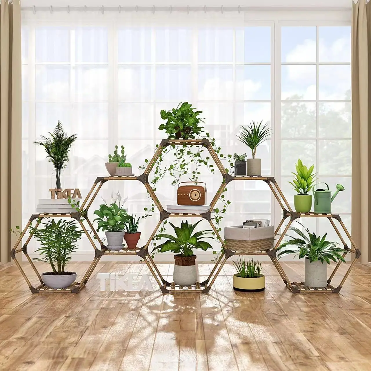 Hexagon Plant Shelf - 9-Grid Wooden Flower Rack for Indoor & Outdoor Plants, Succulents & Herb Garden, Natural Home Decor