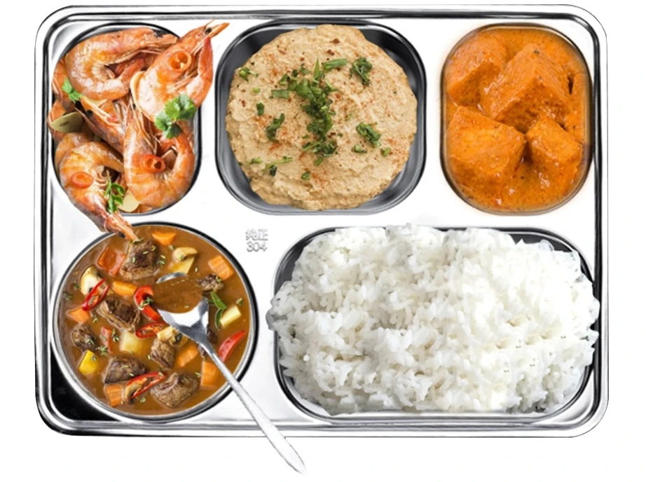 Customizable stainless steel rectangular divider trays bulk, 5-part dinner plates for all groups