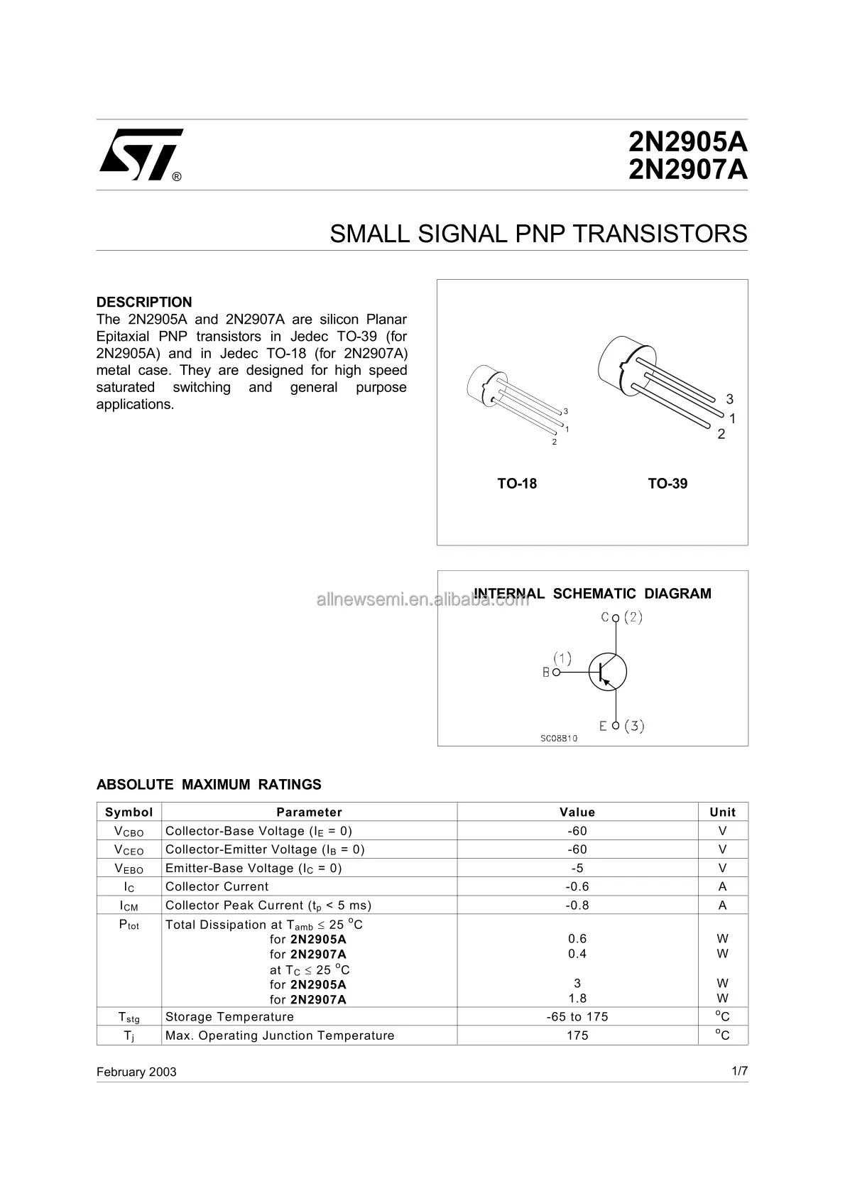 Hot sale Original 2N2905A TRANS PNP 60V 0.6A Bipolar (BJT) Transistor PNP 60 V 600 mA 200MHz 600 mW Through Hole TO-39