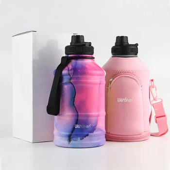 Ecofriendly wide mouth gym sports stainless steel half gallon motivational water drinking bottle 1.5L/2.2l with sleeve