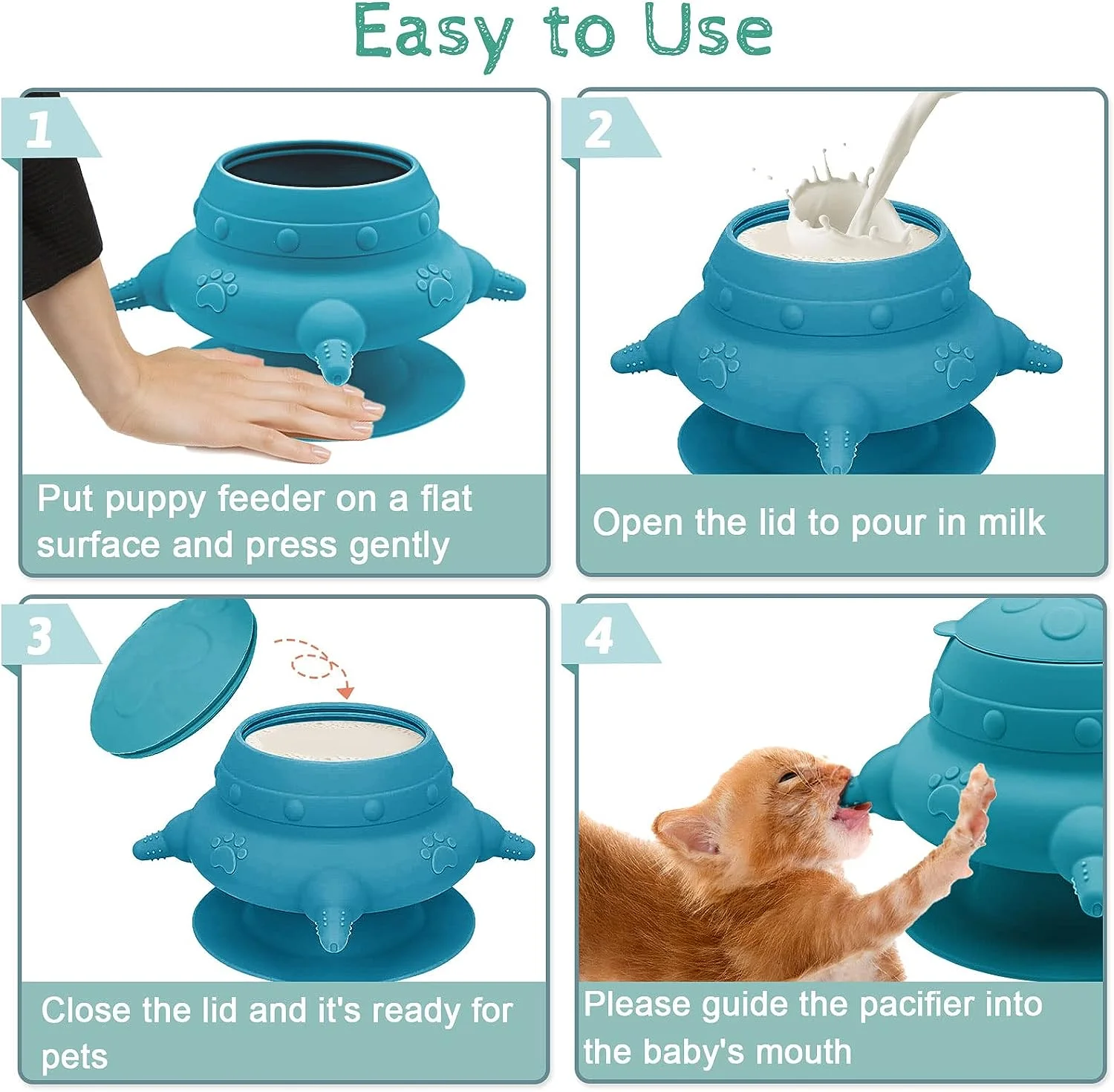 Silicone Puppy Suction Nursing Feeder with 4 Nipples, 240ML Pet Feeding Station for Kittens, Puppies and Rabbits