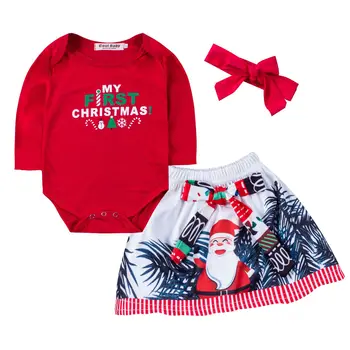 Christmas Newborn Girls Boutique 3 pieces Clothing set red long sleeve romper letter printed colorful dress Christmas