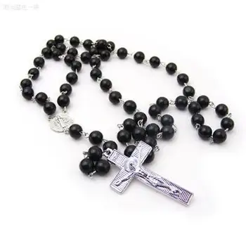 Fashion Black Beads Jesus Cross Rosary Necklace for Women Men