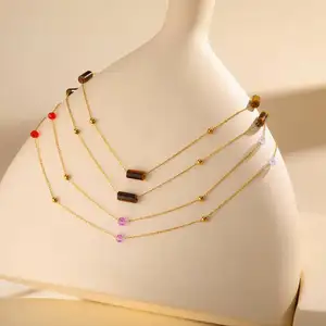 New Natural Tiger Eye Stone Glass Beaded Necklace Stainless Steel Gold Plated Stackable Collarbone Chain Necklace