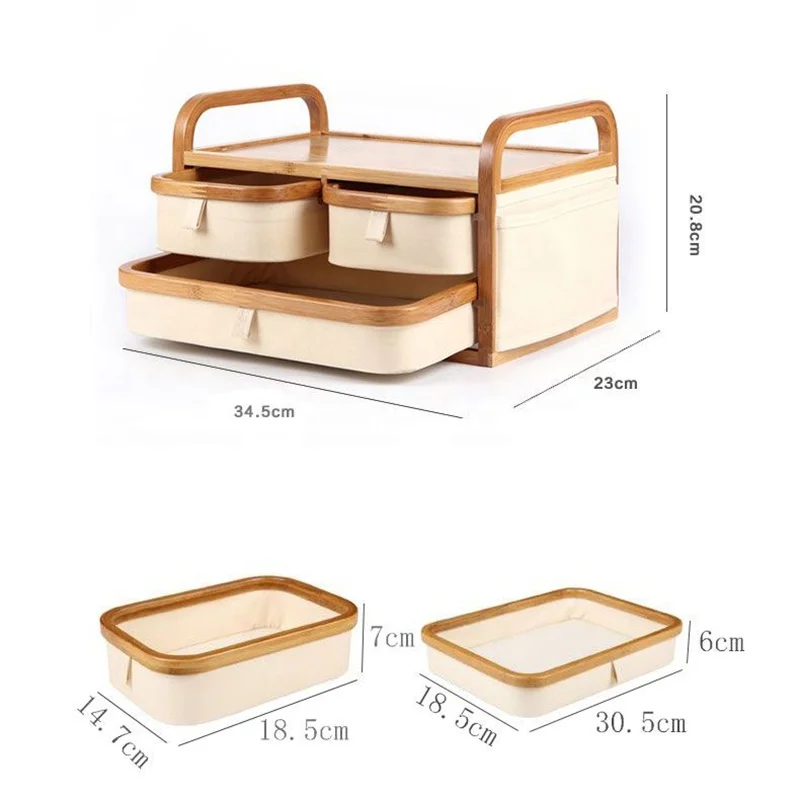 Тканевый Органайзер из ткани Оксфорд с 3 ящиками, деревянный бамбуковый органайзер для макияжа, коробка для хранения косметики для туалетного столика, офиса