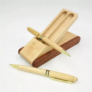 Luxury Gift Set Blank Double Wooden Ballpoint Pens with Wooden Folding Case Office Pen Holder