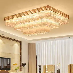 Rectangle Decorative Large Lamp Living Room Flush Mount LED Big Golden Crystal Ceiling Lights