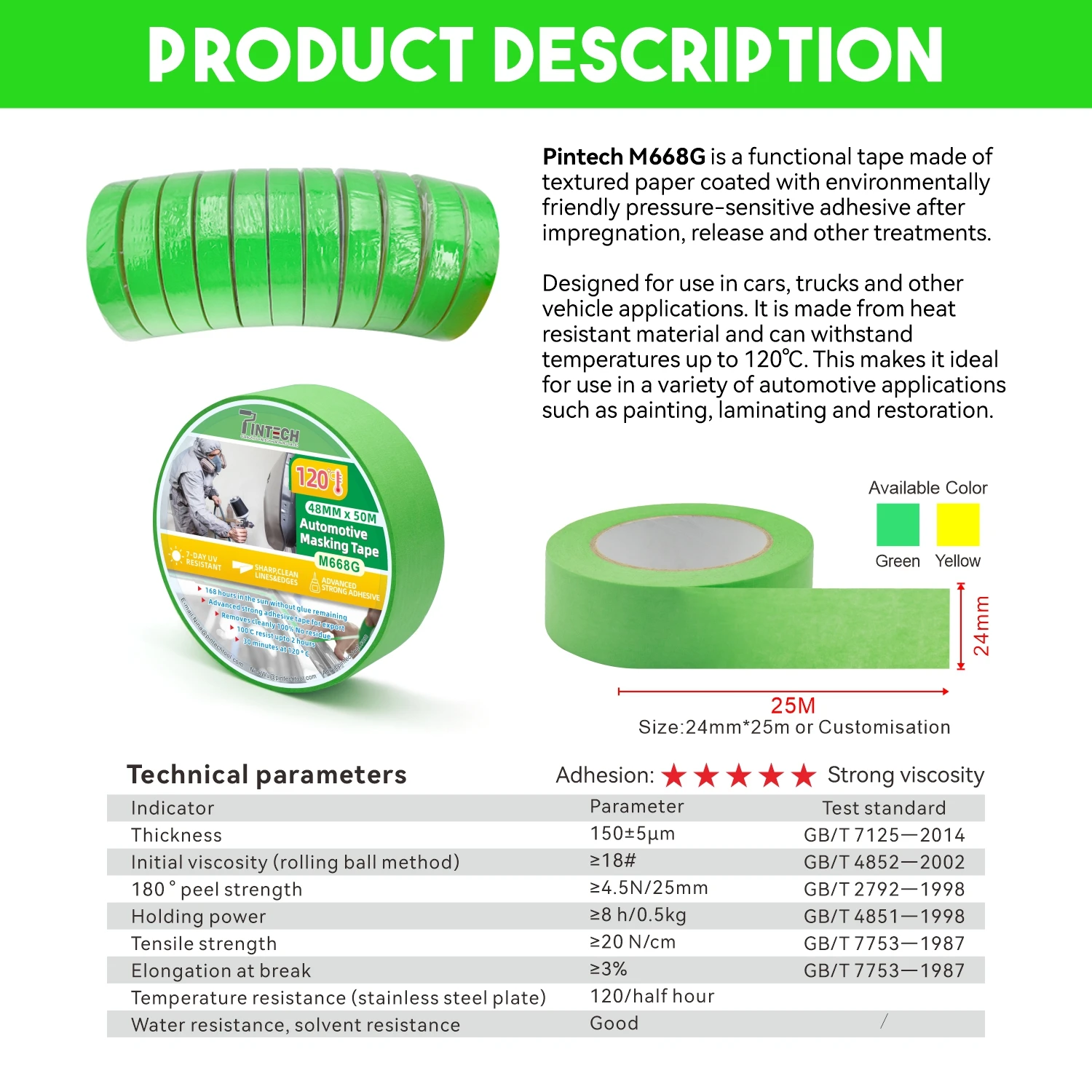 Automotive Refinish Green Painter Uv Paper Masking Tape 48mm High