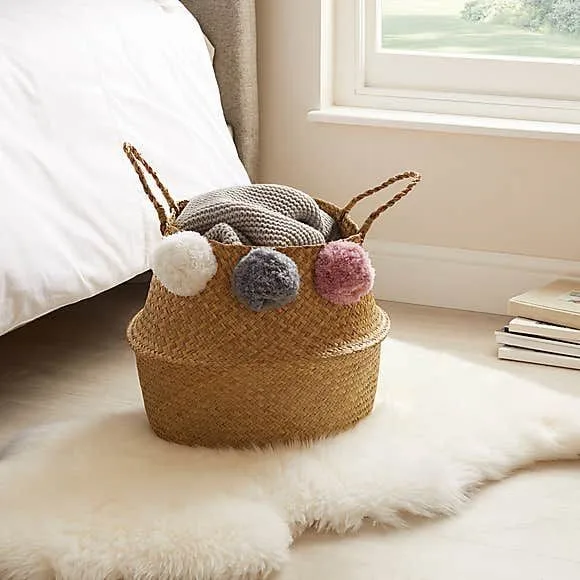 Paniers Osier High Quality Foldable Thai Pompom Seagrass Bell Basket Of