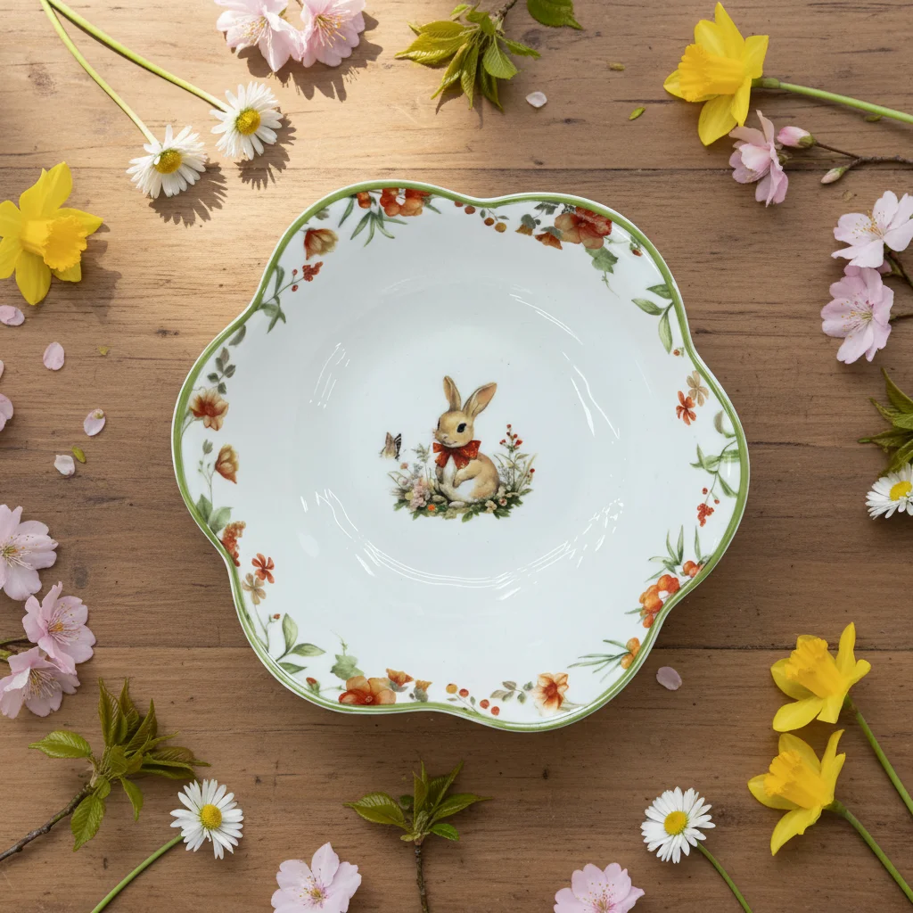 Easter Bunny Floral Scalloped Edge Porcelain Bowl