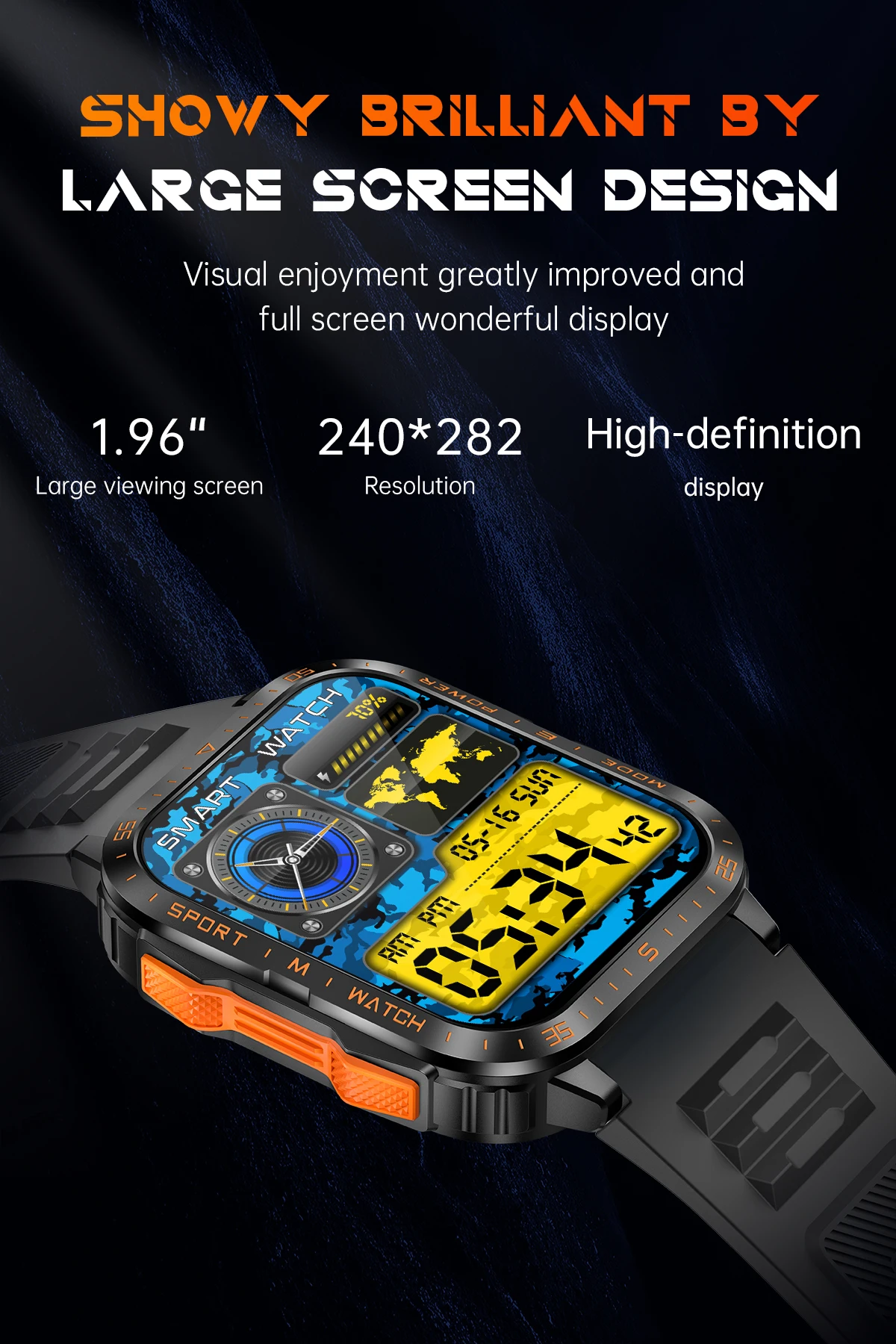 KT79 Sport Smartwatch with Flashlight 30M Waterproof 1.96Inch BT Call Sleep Monitoring Outdoor Relojes Men Smart Watch 2025