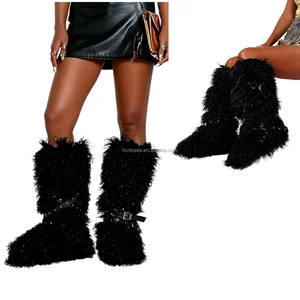 BUSY GIRL RS9251 Custom Design Boots Faux Fur Boots for Women Women's Stylish Fuzzy Knee High Boots Buckle Warm Plush Winter